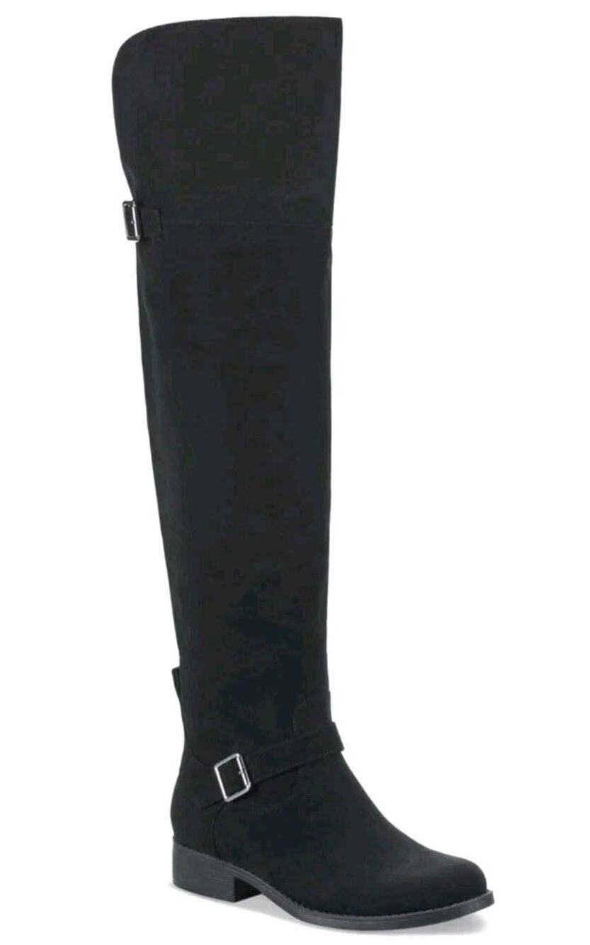 Sun Stone ~Woman Size 7M~ Anyaa Buckled Over-The-Knee Bo Black Micro NWOB.